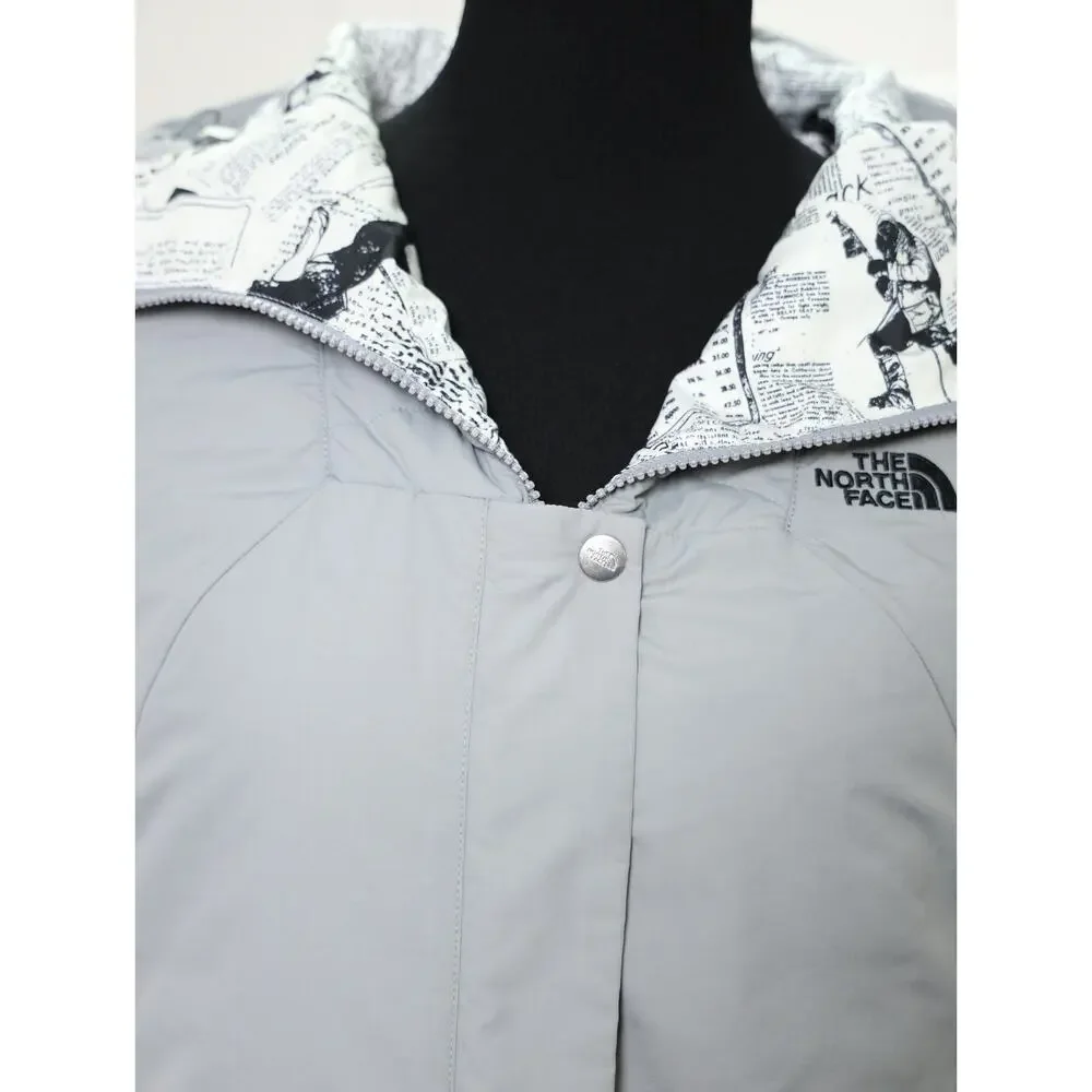 Rare The North Face Gray Hooded Insulated Jacket Newspaper Print Lining Gorpcore
